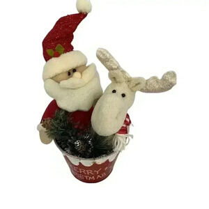 Sparkling Plush Santa And White / Beige Moose In Merry Christmas Tin Bucket